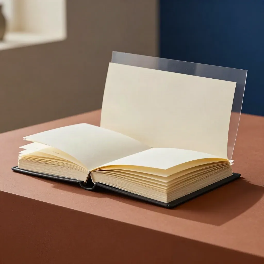 Marketingplan-bundel met ringbinder en kaarten op terracotta plint in studiolicht.