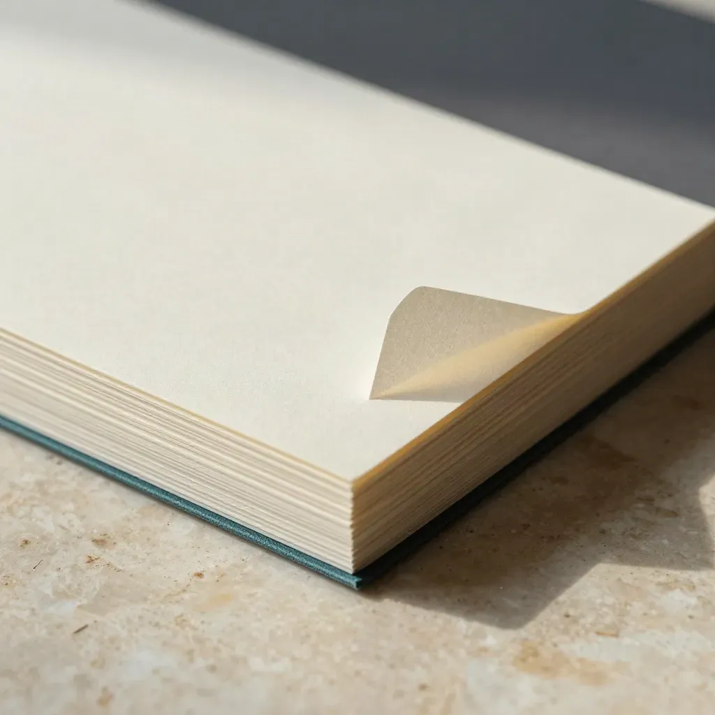 Close-up van een dikke stapel papieren kaarten met matte tabs op travertijn.
