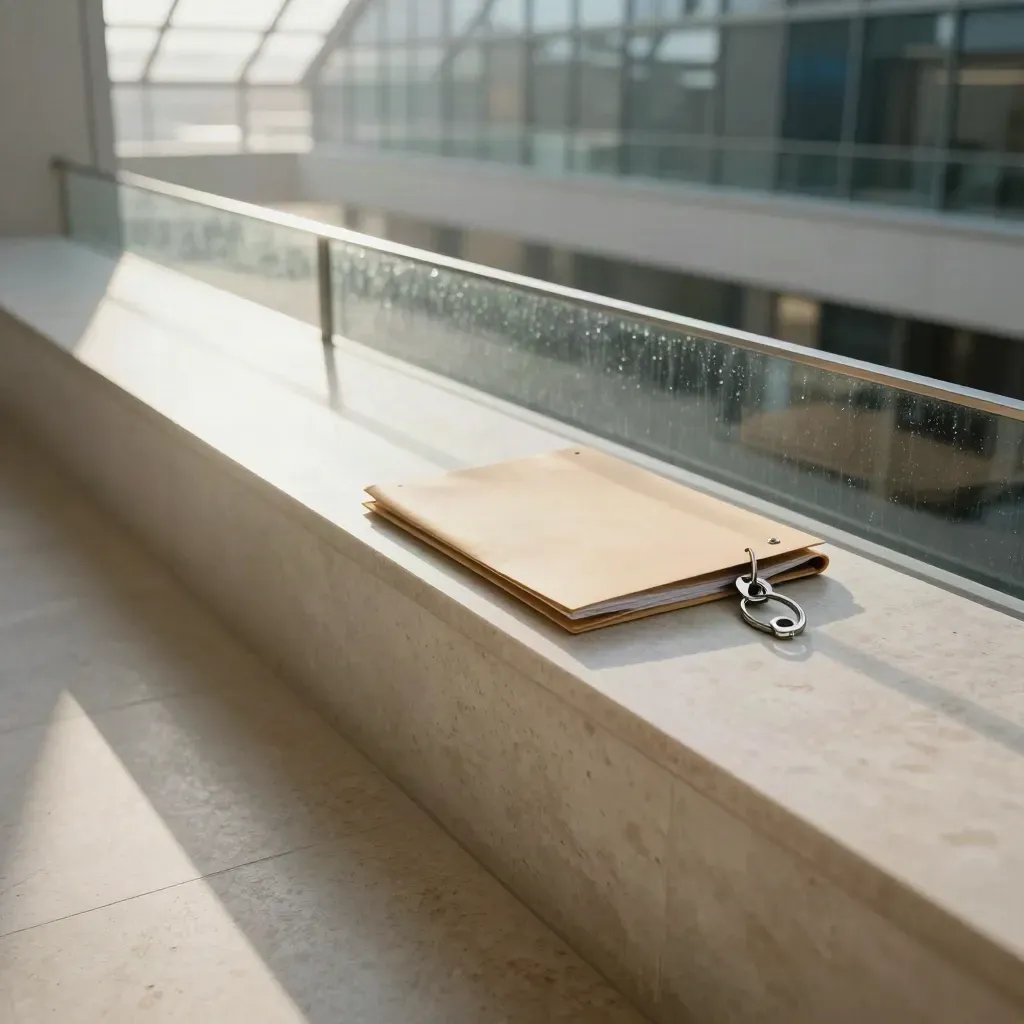 Licht atrium met travertin, frosted glas, een map en sleutelring in zachte ochtendzon.